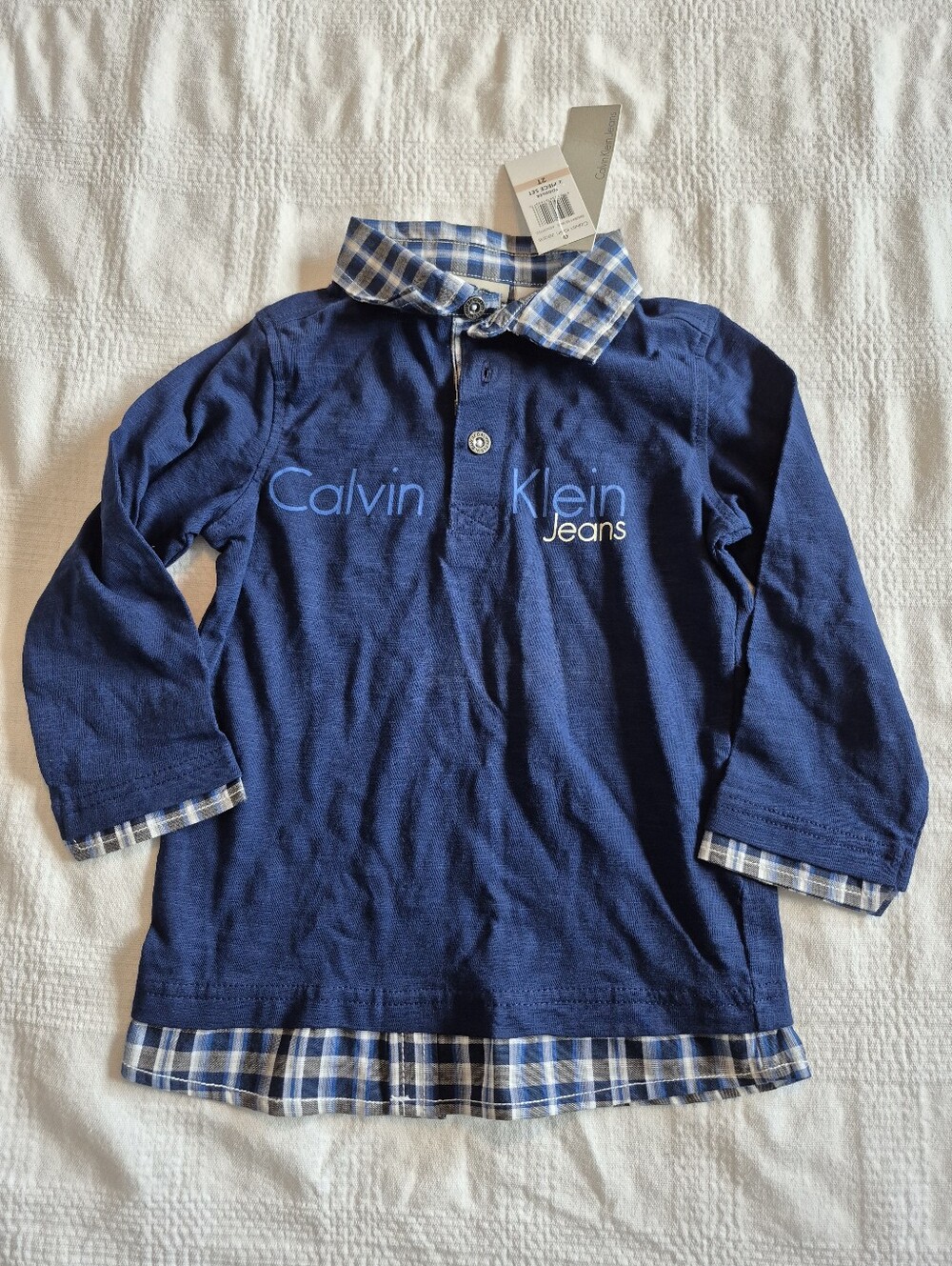 Calvin Klein boys size 2T pullover top blue with plaid collar cuffs & bottom NEW